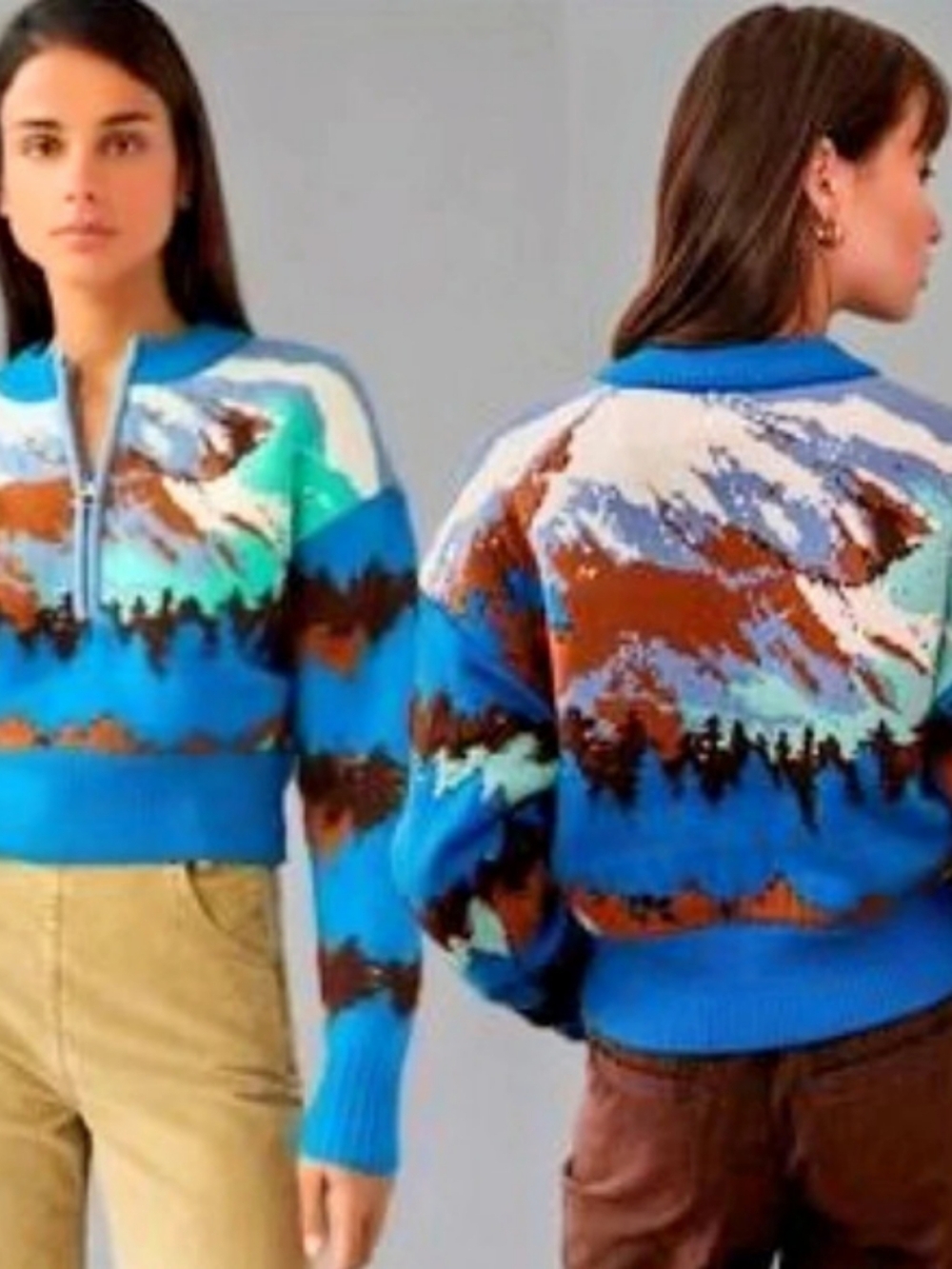 BDG Mountain Scene 1/4 Zip Mock Neck Pullover Blue & Brown XS